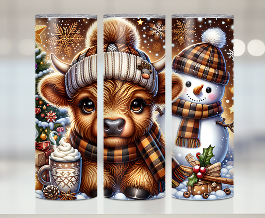 Brown Highland Cow Christmas Snowman | Premium Sublimation Tumbler Transfers – Vibrant, Long-Lasting Designs