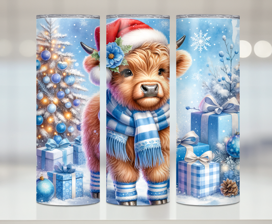 Blue Christmas Cow | Premium Sublimation Tumbler Transfers – Vibrant, Long-Lasting Designs