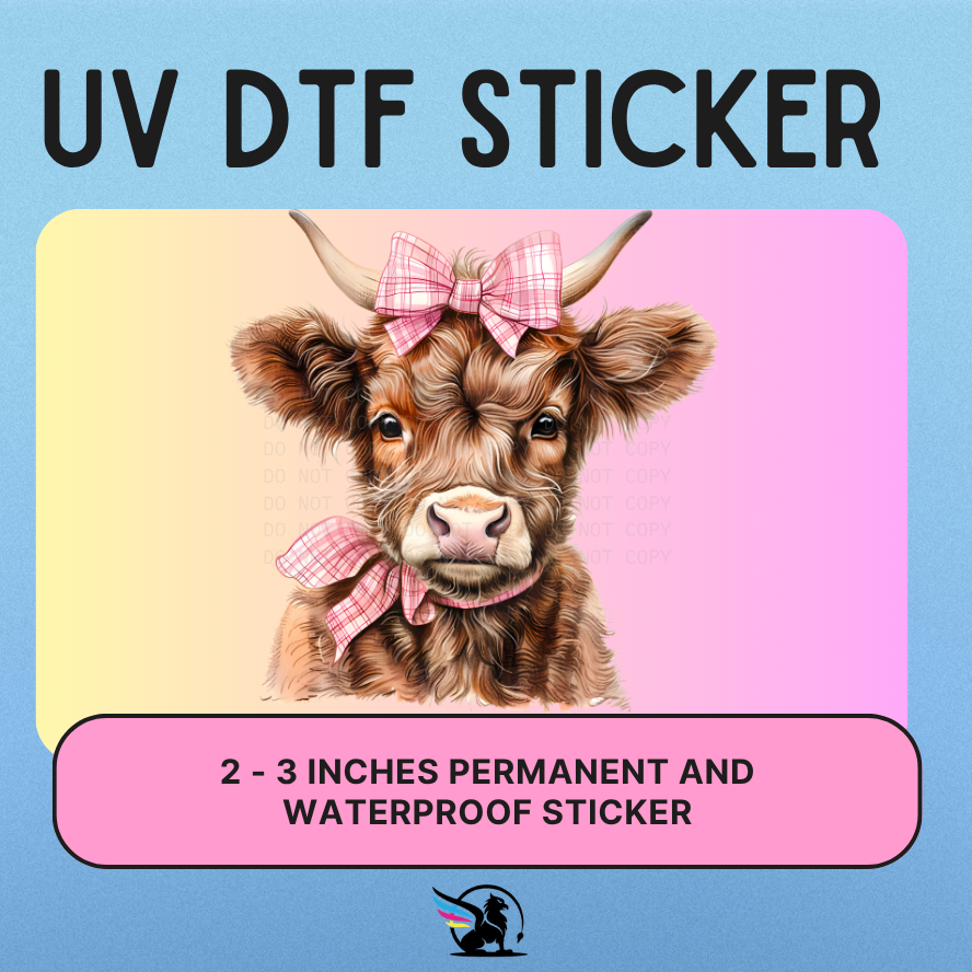 Highland Cow Pink Bow | UV DTF STICKER