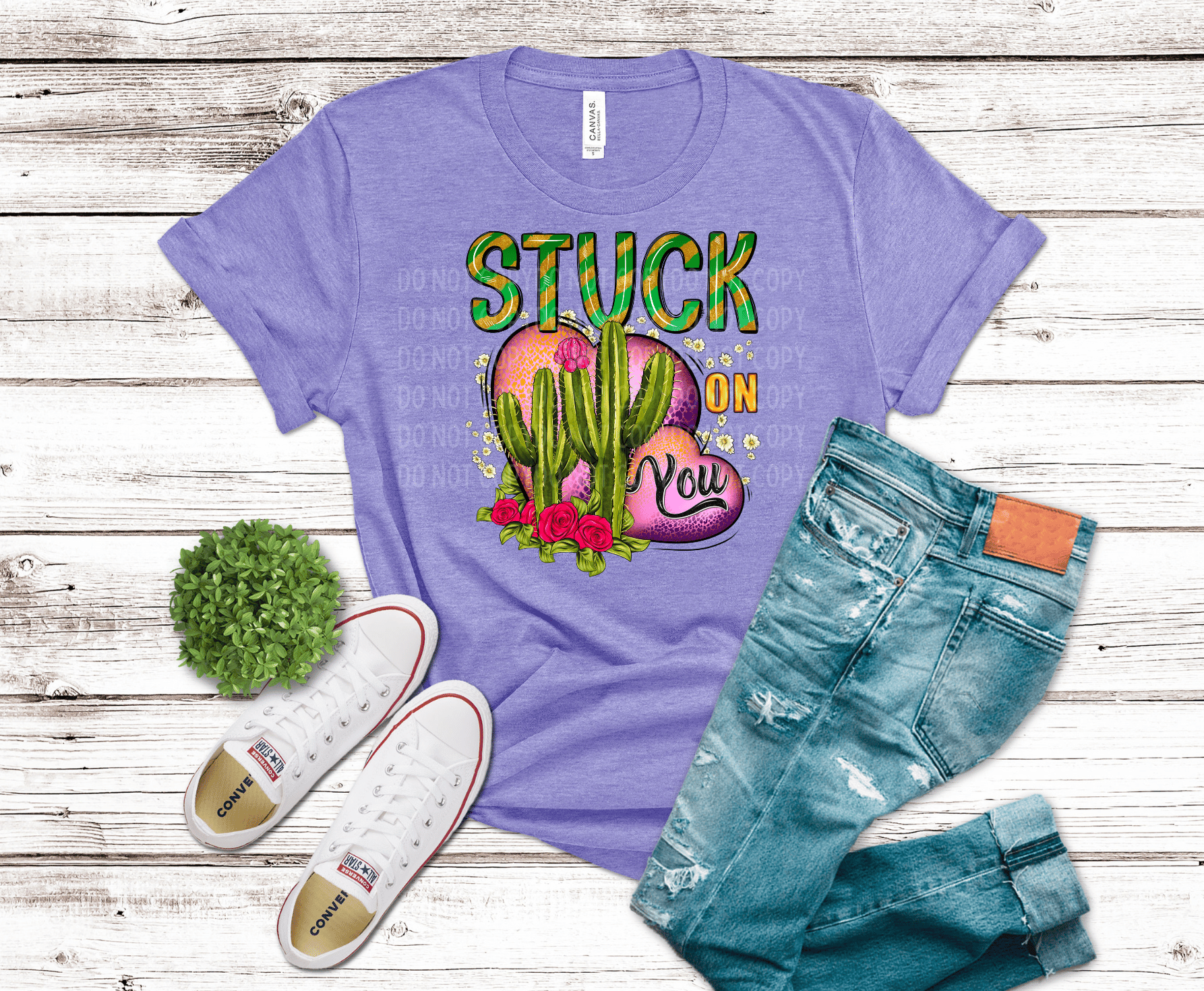 Colorful cactus and heart graphic with “Stuck On You” text, green cacti with pink hearts and roses, playful Valentine DTF transfer design.