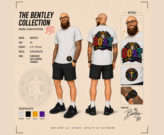A digital mockup sheet for 'The Bentley Collection' character design, showing a bald man with a beard wearing a white t-shirt with a colorful 'GOAT' graphic on the back, black shorts, and black sneakers. The sheet includes front and back views, close-ups of the shirt graphic, a color palette, and character details on a beige background.