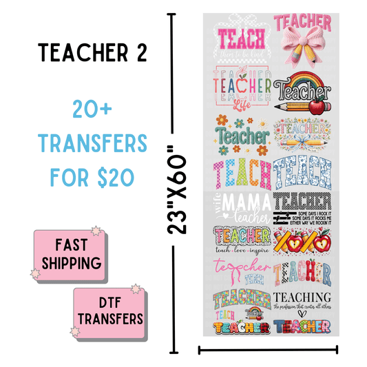 Sheet of teacher-themed decorative transfers with various designs and text, including dimensions and promotional text.