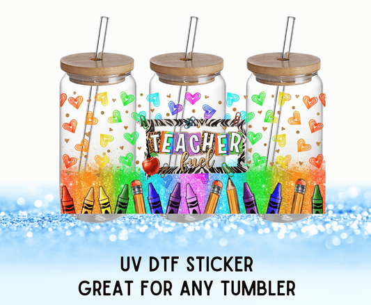 Teacher Fuel Colorful Flowers | UV DTF Wrap – Waterproof, Durable, & Vibrant Sticker