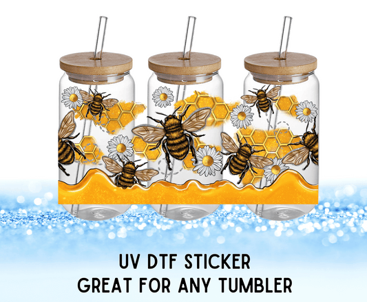 Honey Bee Colorful Flowers | UV DTF Wrap – Waterproof, Durable, & Vibrant Sticker - Griffin Expressions