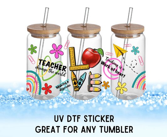 Teachers Change The World Colorful Flowers | UV DTF Wrap – Waterproof, Durable, & Vibrant Sticker