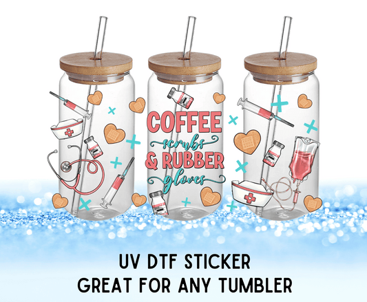 Coffee, Scrubs, & Rubber Gloves Colorful Flowers | UV DTF Wrap – Waterproof, Durable, & Vibrant Sticker - Griffin Expressions