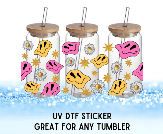 Retro Smiley Faces Colorful Flowers | UV DTF Wrap – Waterproof, Durable, & Vibrant Sticker - Griffin Expressions