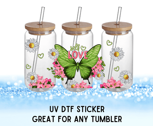Self Love Butterfly Colorful Flowers | UV DTF Wrap – Waterproof, Durable, & Vibrant Sticker - Griffin Expressions