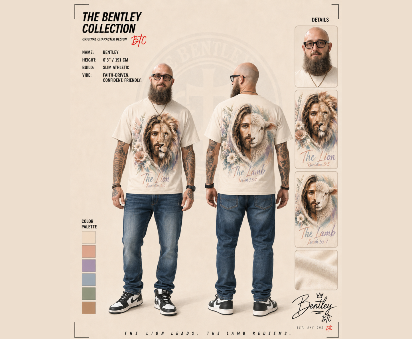 Person wearing a t-shirt with a lion and lamb design, surrounded by product details and branding elements.