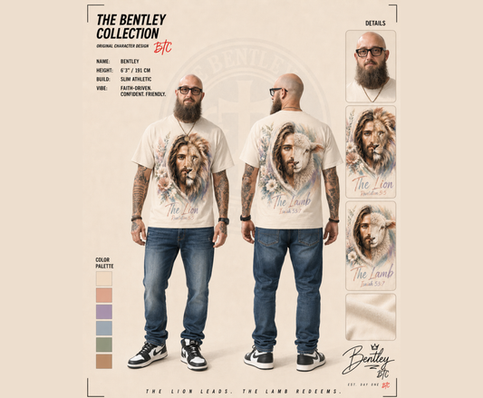 Person wearing a t-shirt with a lion and lamb design, surrounded by product details and branding elements.