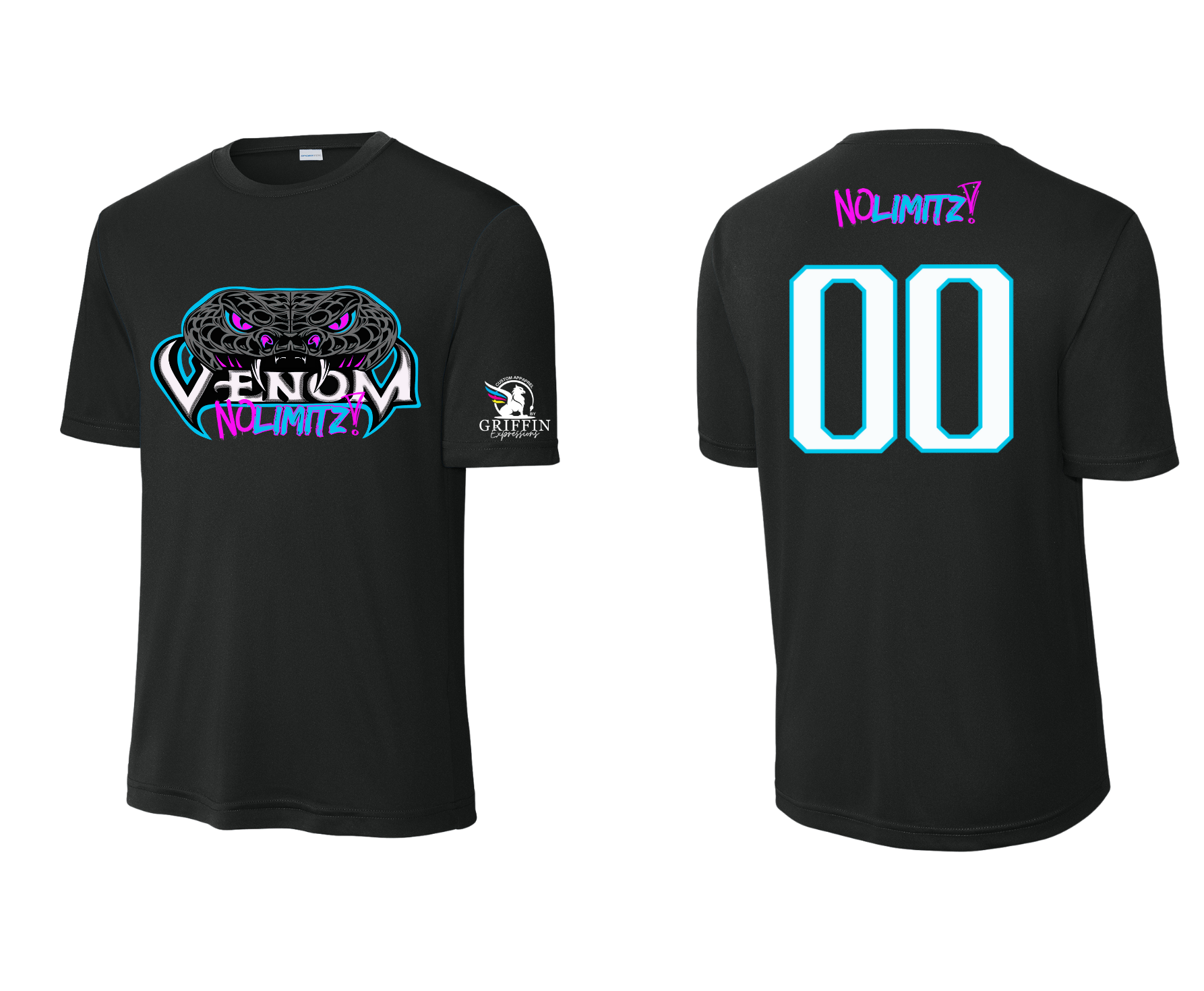 Black t-shirt with 'Venom NoLimitz' logo on front and numbers on back, on a white background