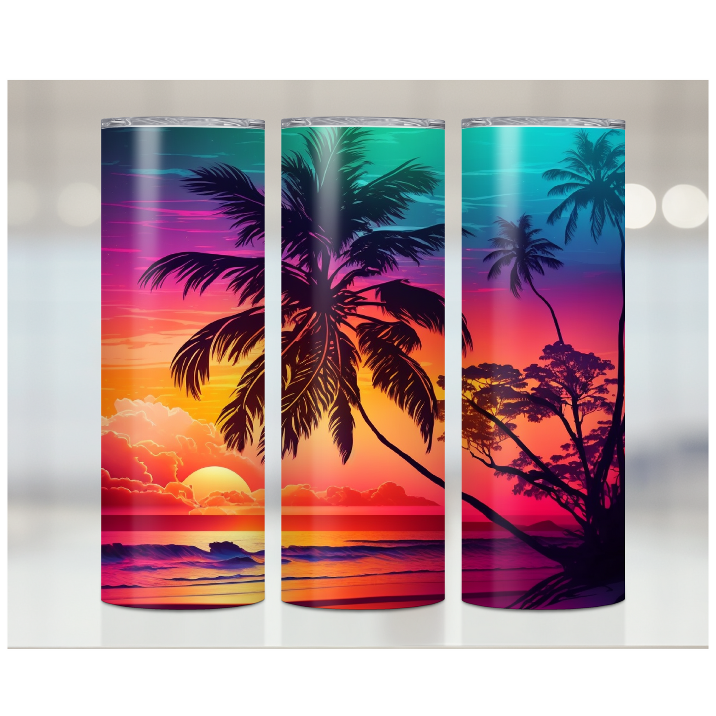 Sunset On Beach With Palm Trees Print | Premium Sublimation Tumbler Transfers – Vibrant, Long-Lasting Designs