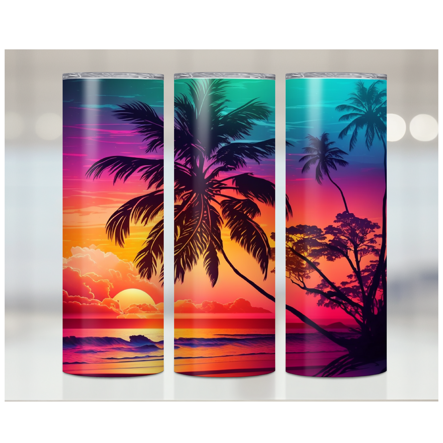 Sunset On Beach With Palm Trees Print | Premium Sublimation Tumbler Transfers – Vibrant, Long-Lasting Designs