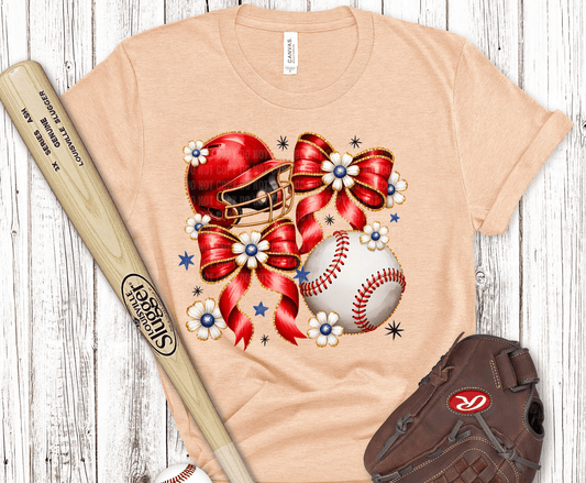 Red baseball bows with helmet and baseball feminine sports design