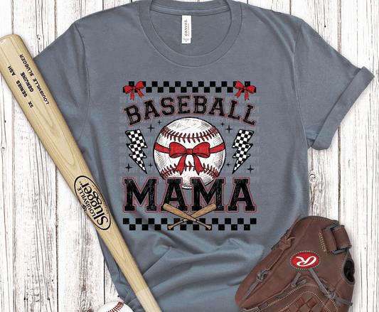 Checkerboard Baseball Mama lettering with bow and baseball design