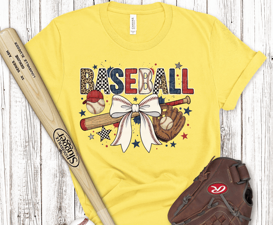 Leopard accent baseball lettering with bow and sports gear design