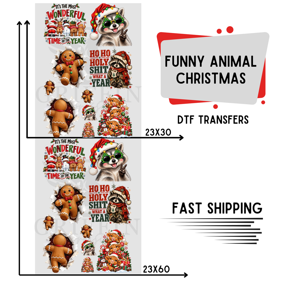 Funny Animal Christmas premade DTF gang sheet showing 23x30 and 23x60 layouts with raccoons, Highland cows and gingerbread designs