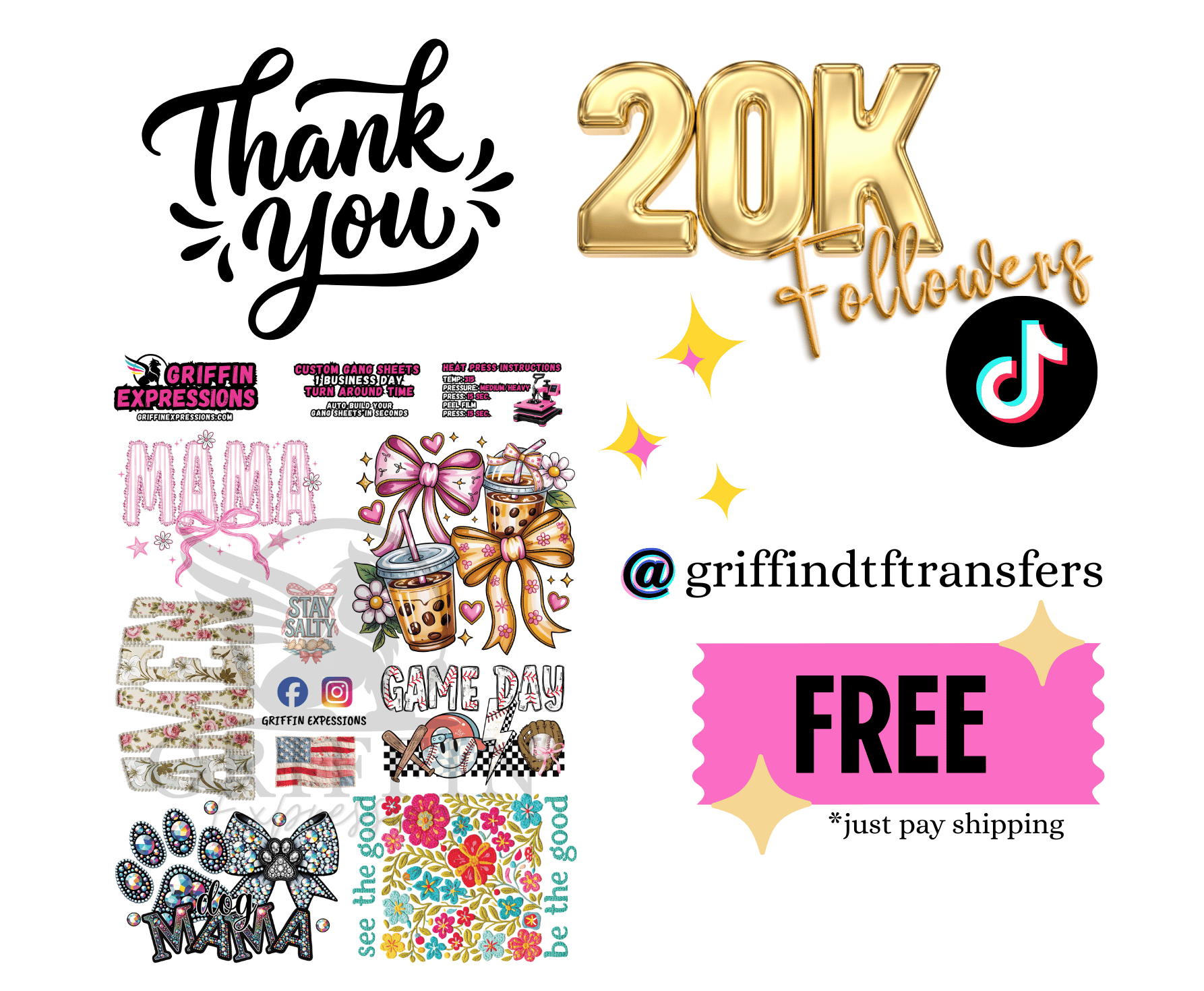 Collection of graphic designs and text on a white background, including 'Thank you', '20K Followers', and various phrases and symbols.