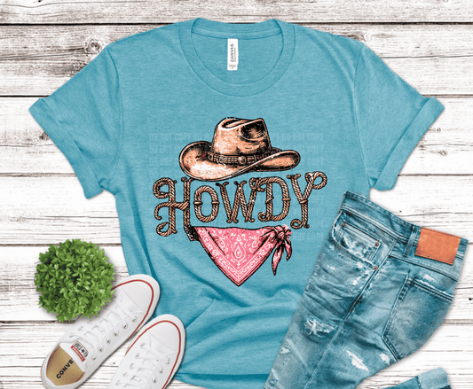 Howdy distressed cowboy hat with pink bandana western DTF transfer, ready to press heat transfer for country shirts