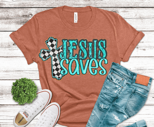 Jesus Saves checkered cross turquoise Christian DTF transfer, ready to press heat transfer for religious shirts
